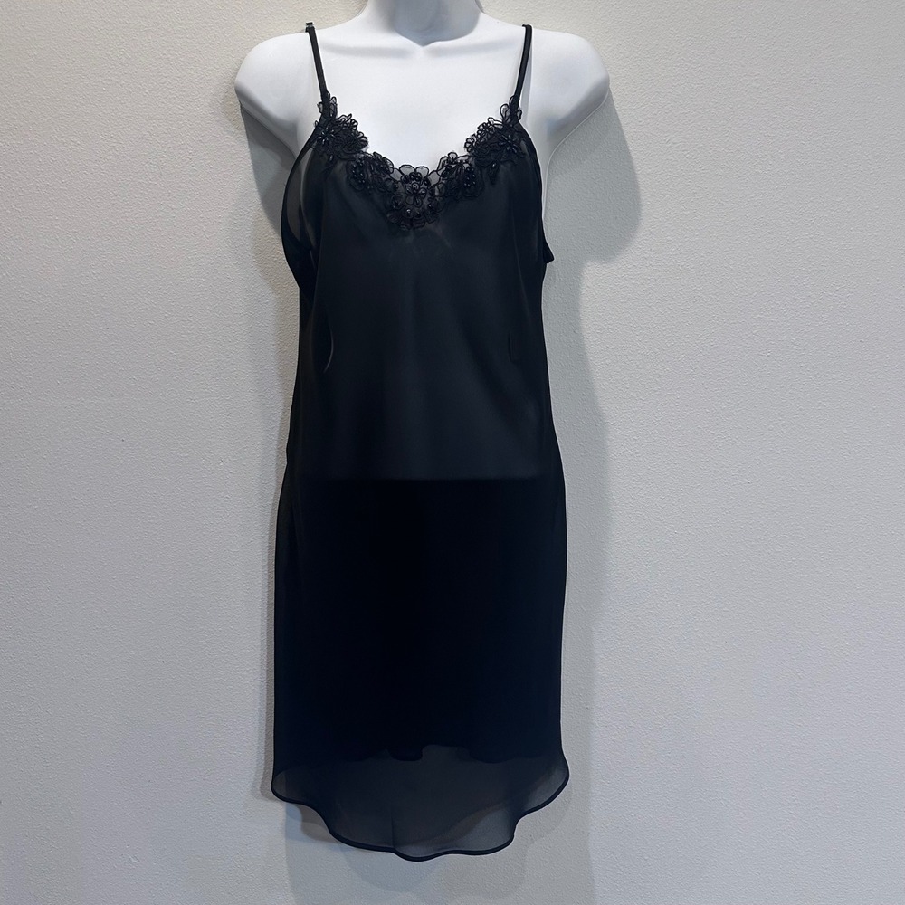 Secret Treasures Black Lace Trim Sheer Beaded Chemise Slip Dress Women's Small - Picture 1 of 9